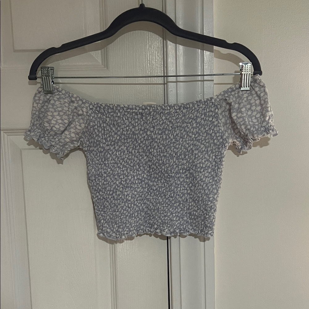 Me to We Off-Shoulder Smocked Crop Top - Gray and White